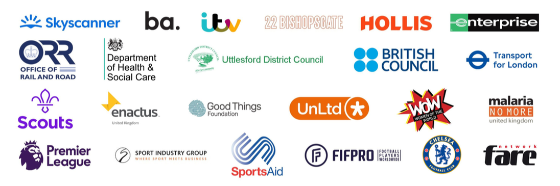 Clients logos including Skyscanner, ba., itv, Premier League, Sports Aid, Fifpro, British Concil and Chelsea Football Club