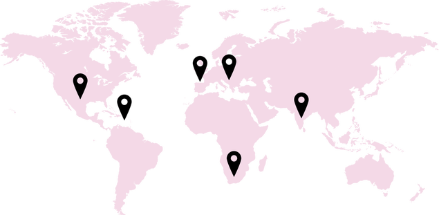 World map with clients in America, Europe, South of Africa and South Asia