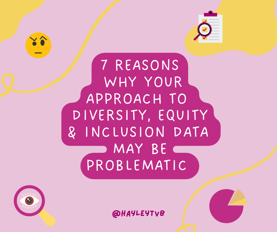 a title slide which reads “7 reasons why your approach to diversity, equity & inclusion data may be problematic” on a light pink background. There are illustrations of graphs, magnifying glasses and a raised-eyebrow emoji around the text. Picture